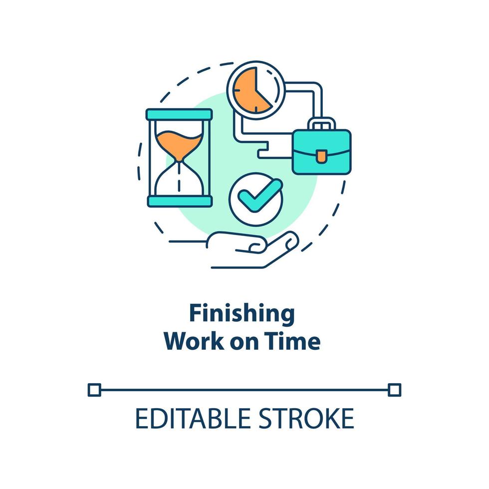 Finishing work on time concept icon. Strict job schedule. Remote workplace abstract idea thin line illustration. Isolated outline drawing. Editable stroke vector