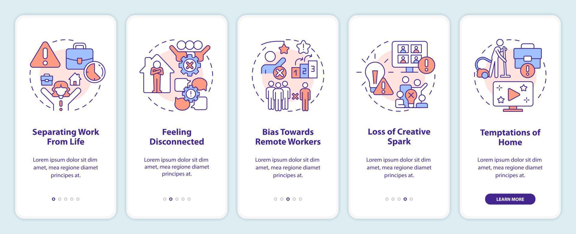 Drawbacks of work from home onboarding mobile app screen. Remote job walkthrough 5 steps editable graphic instructions with linear concepts. UI, UX, GUI template vector