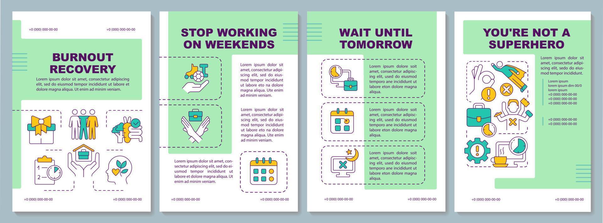 Burnout recovery green brochure template. Self care tips. Avoid overwork. Leaflet design with linear icons. Editable 4 vector layouts for presentation, annual reports