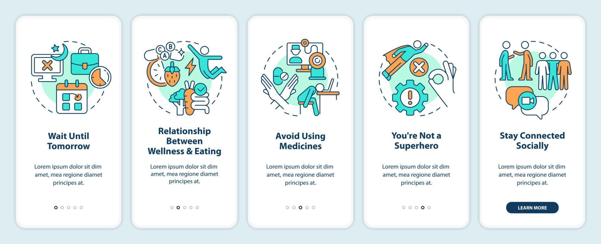 Care for yourself onboarding mobile app screen. Cope with burnout walkthrough 5 steps editable graphic instructions with linear concepts. UI, UX, GUI template vector