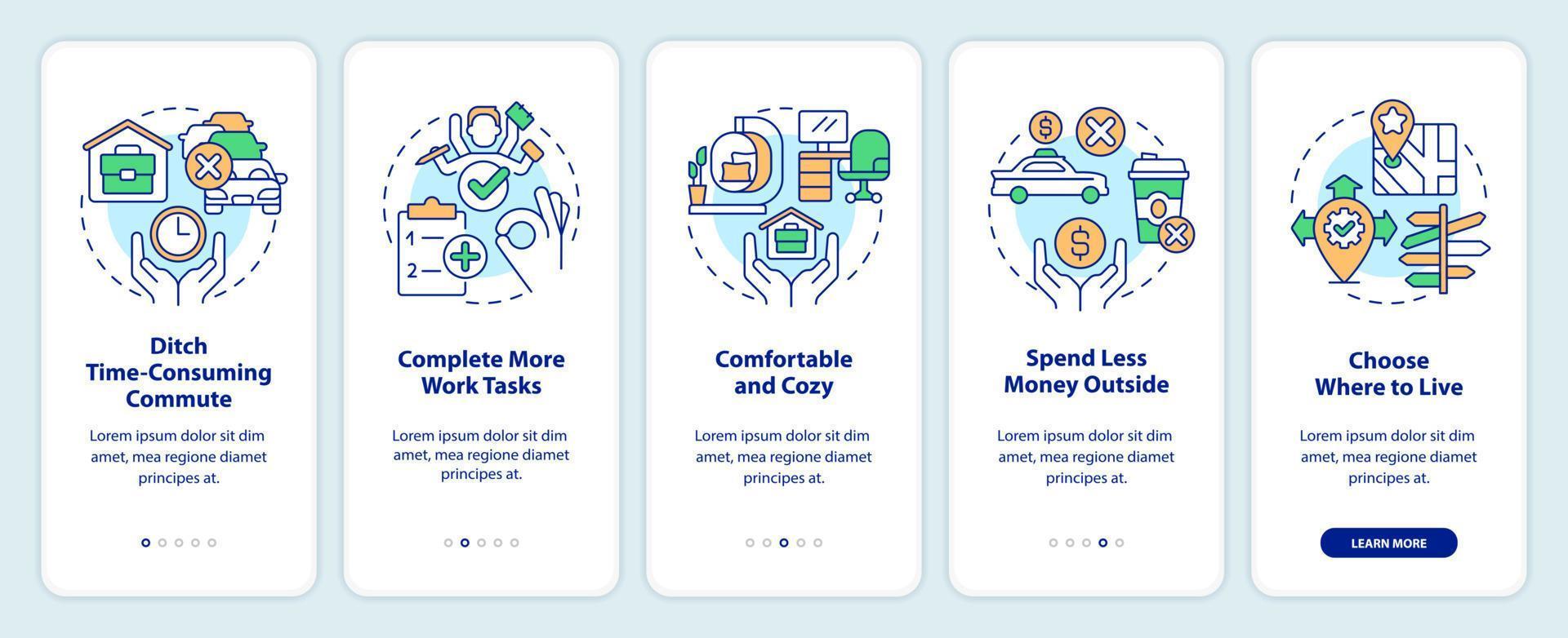 Benefits of working from home onboarding mobile app screen. Walkthrough 5 steps editable graphic instructions with linear concepts. UI, UX, GUI template vector