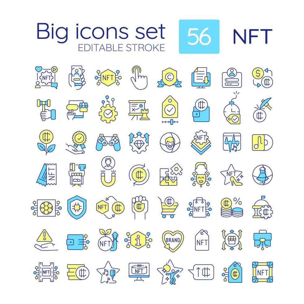 NFT RGB color icons set. Blockchain technology. Collectible virtual artefacts. Isolated vector illustrations. Simple filled line drawings collection. Editable stroke
