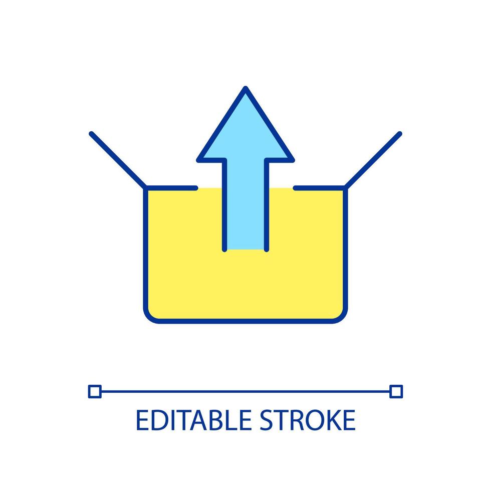 Unpacking box RGB color icon. Package delivery. Retrieval information. Find solution. Grow up. Isolated vector illustration. Simple filled line drawing. Editable stroke