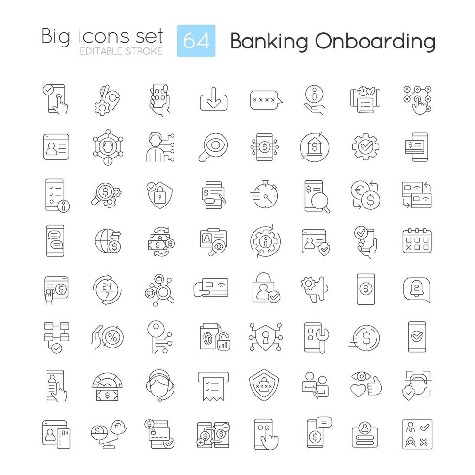 Banking onboarding linear big icons set. Digital financial service. Online payment. Customizable thin line symbols. Isolated vector outline illustrations. Editable stroke