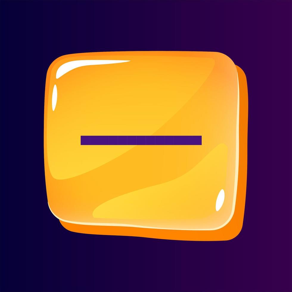 Minus sign glossy ui button with pixelated color icon. Calculator function control. Editable 8bit graphic element on shiny glass rectangle shape. Isolated image for arcade, video game design vector