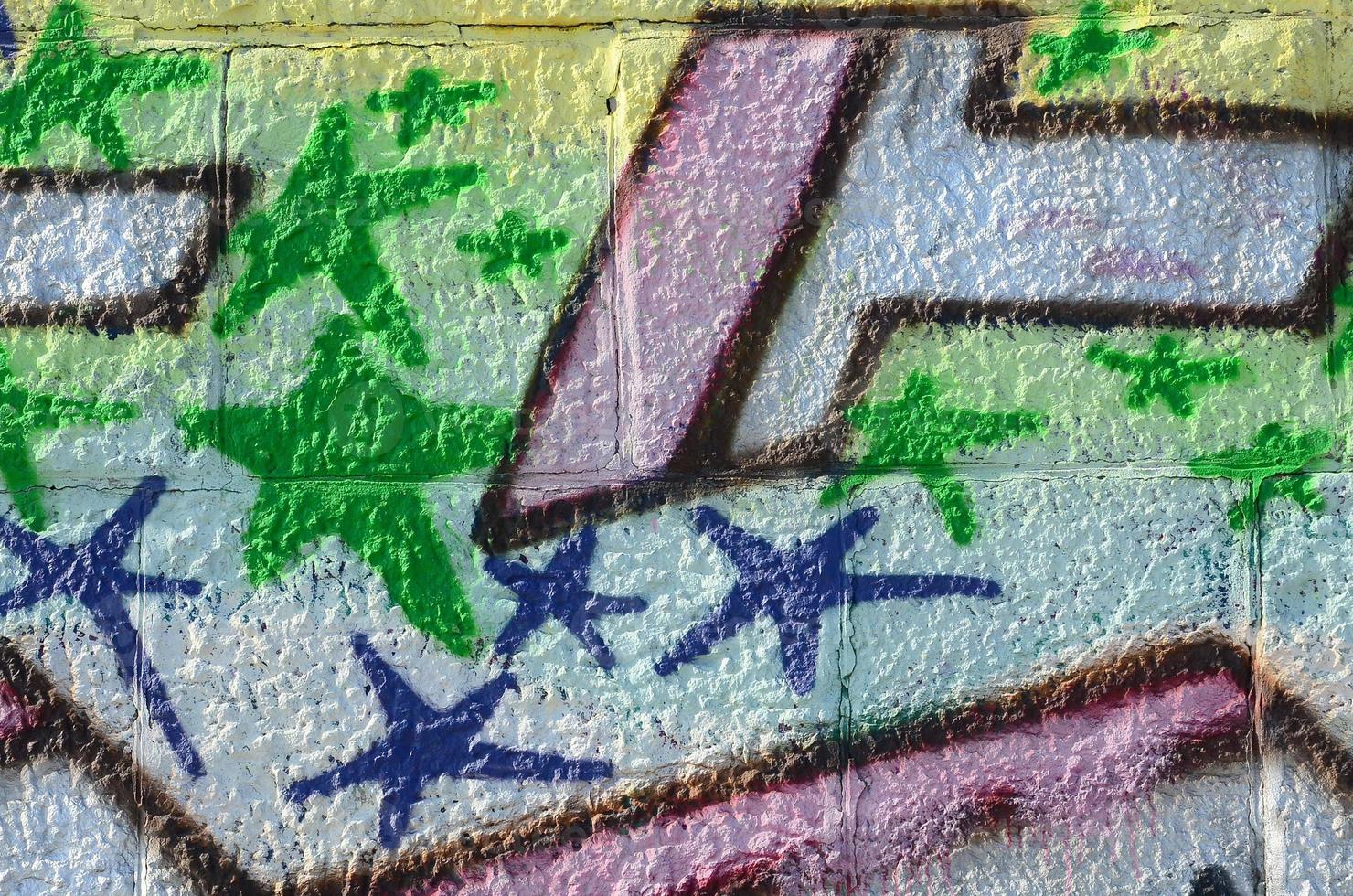 Fragment of graffiti drawings. The old wall decorated with paint stains in the style of street art culture. Colored background texture in green tones photo