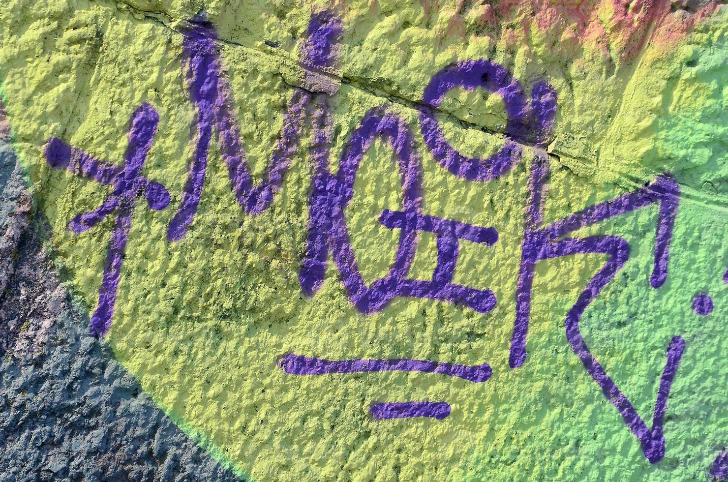 Fragment of graffiti drawings. The old wall decorated with paint stains in the style of street art culture. Colored background texture in warm tones photo