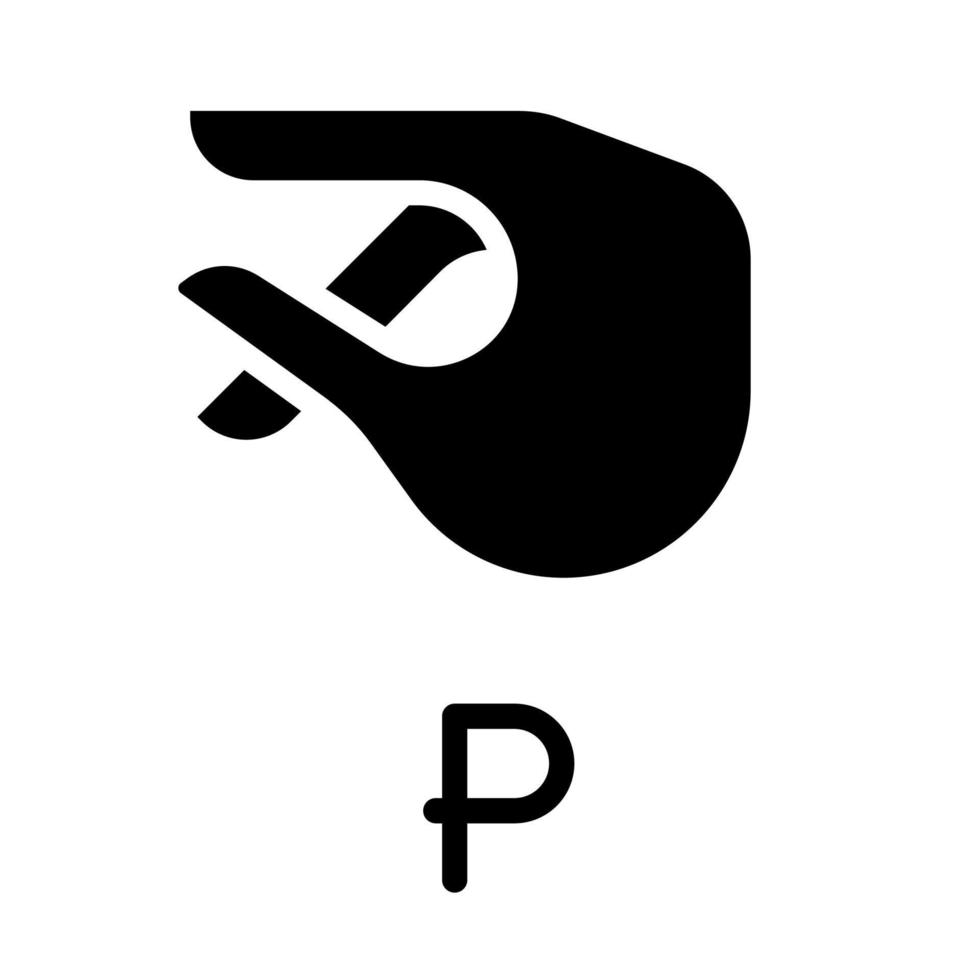 Letter P sign in ASL black glyph icon. System of nonverbal communication. Special gesture presentation. Silhouette symbol on white space. Solid pictogram. Vector isolated illustration