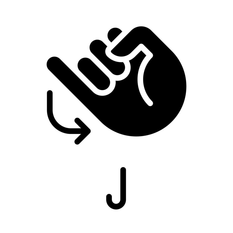 Letter J sign in ASL black glyph icon. System of nonverbal communication. Words visualization process. Silhouette symbol on white space. Solid pictogram. Vector isolated illustration