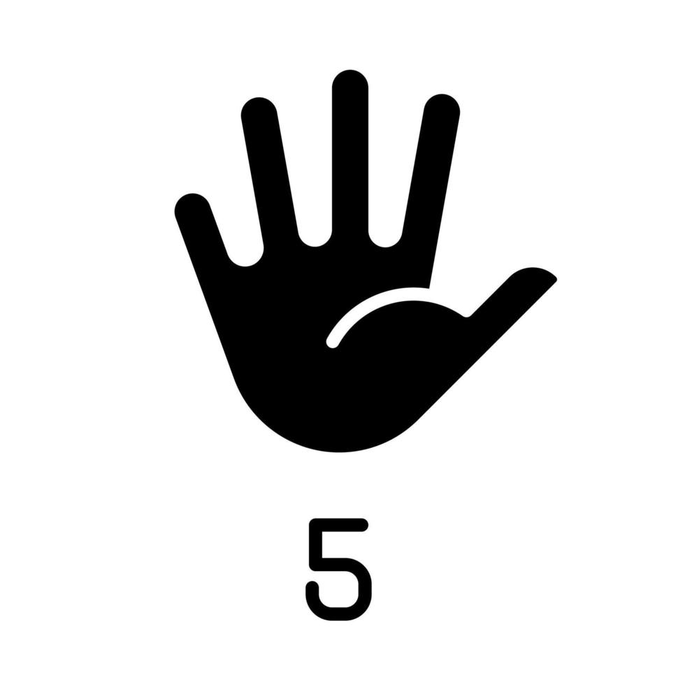 Digit five in American sign language black glyph icon. Communication system. Gesture for number performance. Silhouette symbol on white space. Solid pictogram. Vector isolated illustration