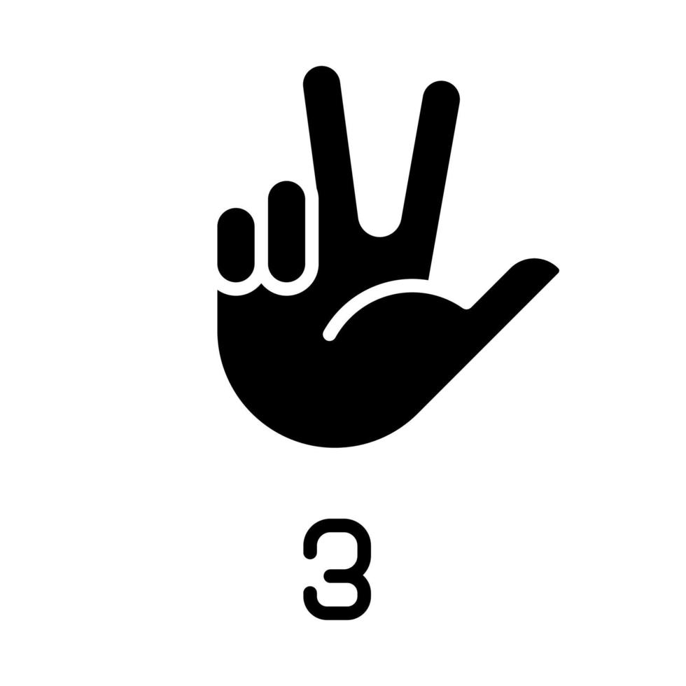 Signing digit three in ASL black glyph icon. Nonverbal communication system. Learning gesture to count. Silhouette symbol on white space. Solid pictogram. Vector isolated illustration