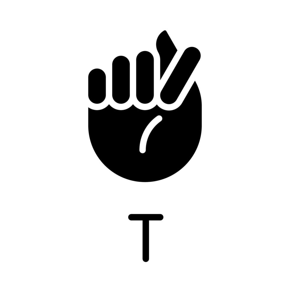 Letter T sign in ASL black glyph icon. Words building process. Communication modality. Nonverbal system. Silhouette symbol on white space. Solid pictogram. Vector isolated illustration