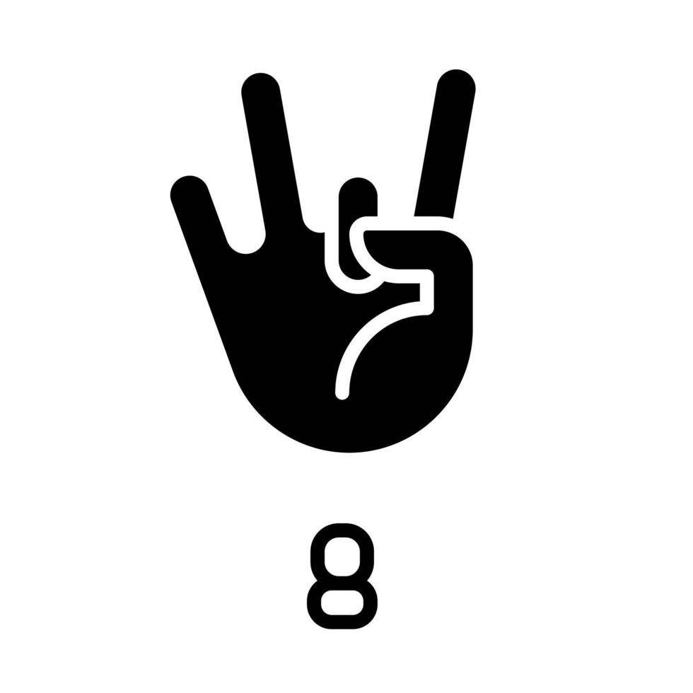 Digit eight sign in ASL black glyph icon. Gesture language element. Non verbal communication system. Silhouette symbol on white space. Solid pictogram. Vector isolated illustration