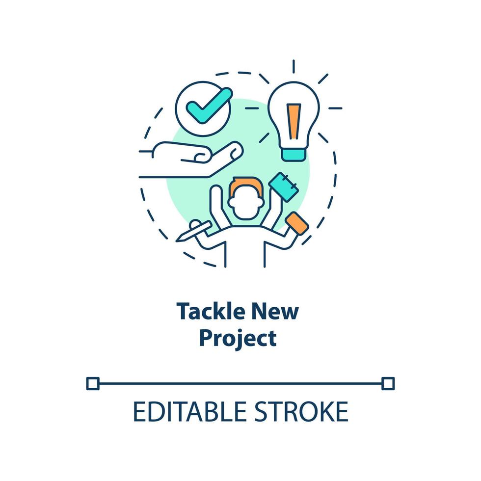 Tackle new project concept icon. Boost employee productivity. Burnout prevention abstract idea thin line illustration. Isolated outline drawing. Editable stroke vector