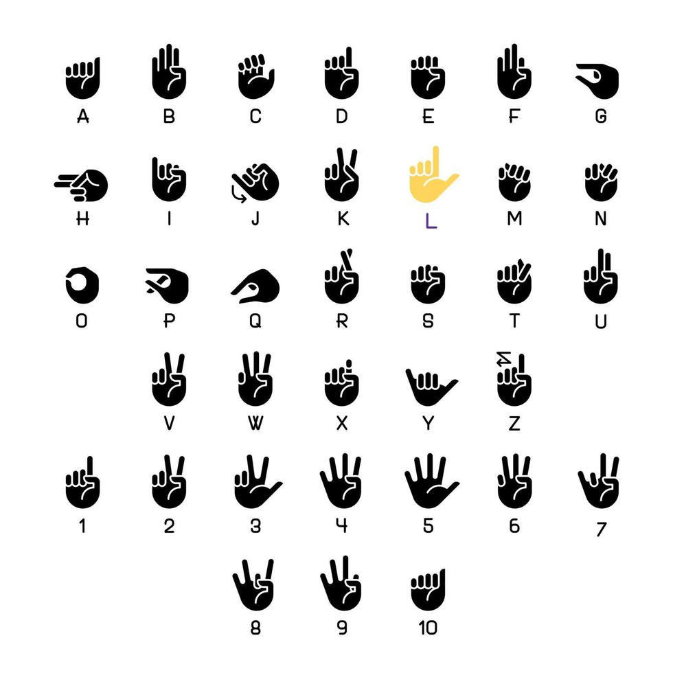 American sign language black glyph icons set on white space. Communication system. Coping with deafness issue. Silhouette symbols. Solid pictogram pack. Vector isolated illustration