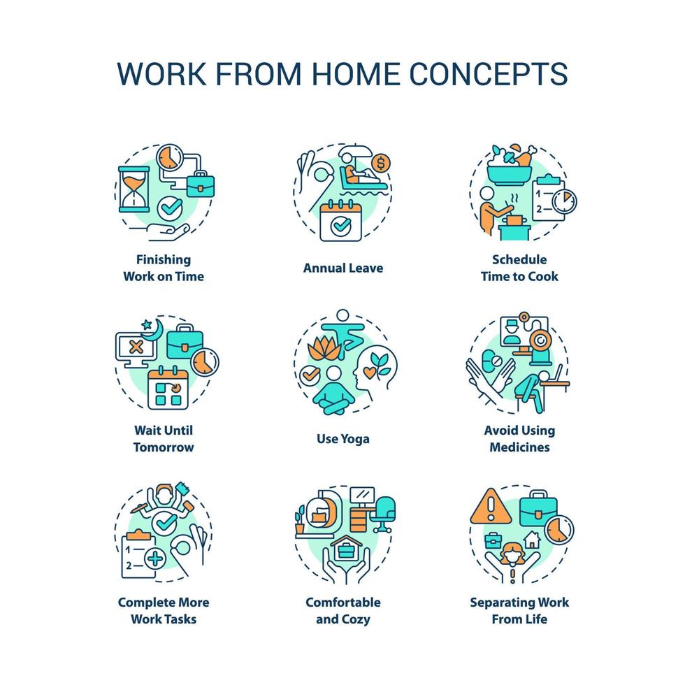 Work from home tips concept icons set. Self care. Burnout prevention. Remote workplace idea thin line color illustrations. Isolated symbols. Editable stroke vector