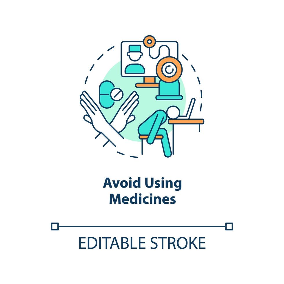 Avoid using medicines concept icon. Stop self-medication. Bad way to prevent burnout abstract idea thin line illustration. Isolated outline drawing. Editable stroke vector