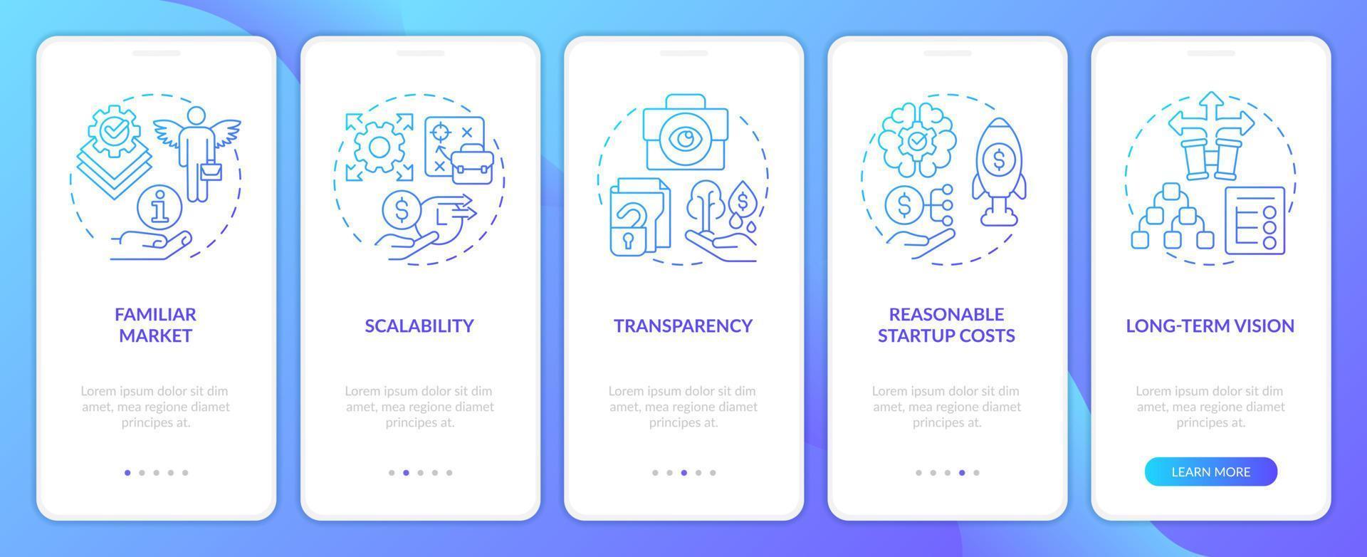 atraer factores de inversores que incorporan la pantalla de la aplicación móvil de gradiente azul. tutorial 5 pasos instrucciones gráficas editables con conceptos lineales. interfaz de usuario, ux, plantilla de interfaz gráfica de usuario vector