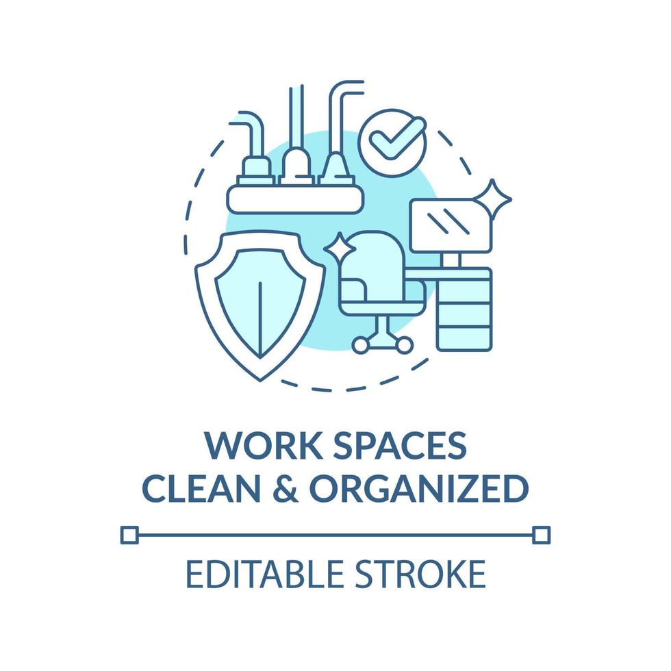 Clean and organized work spaces turquoise concept icon. Avoiding worker injuries tip abstract idea thin line illustration. Isolated outline drawing. Editable stroke vector