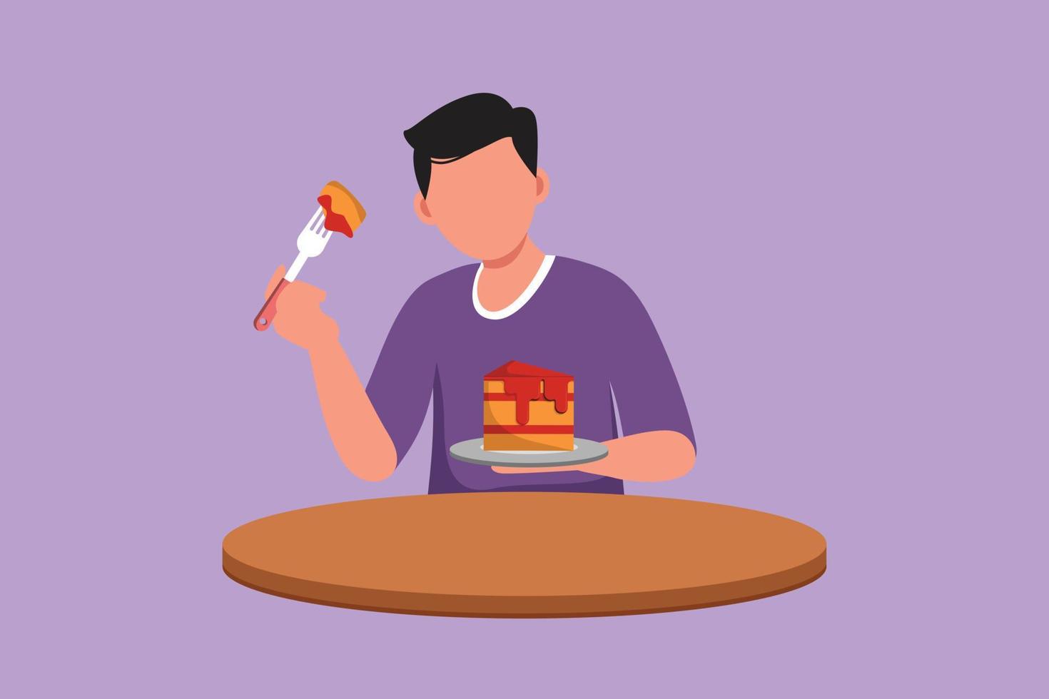 dibujo plano de personaje joven comiendo pastel de cumpleaños cremoso en la mesa en el restaurante. hombre alegre comiendo pastel de postre súper delicioso. placer, disfrute, alegría, dulces. ilustración vectorial de diseño de dibujos animados vector