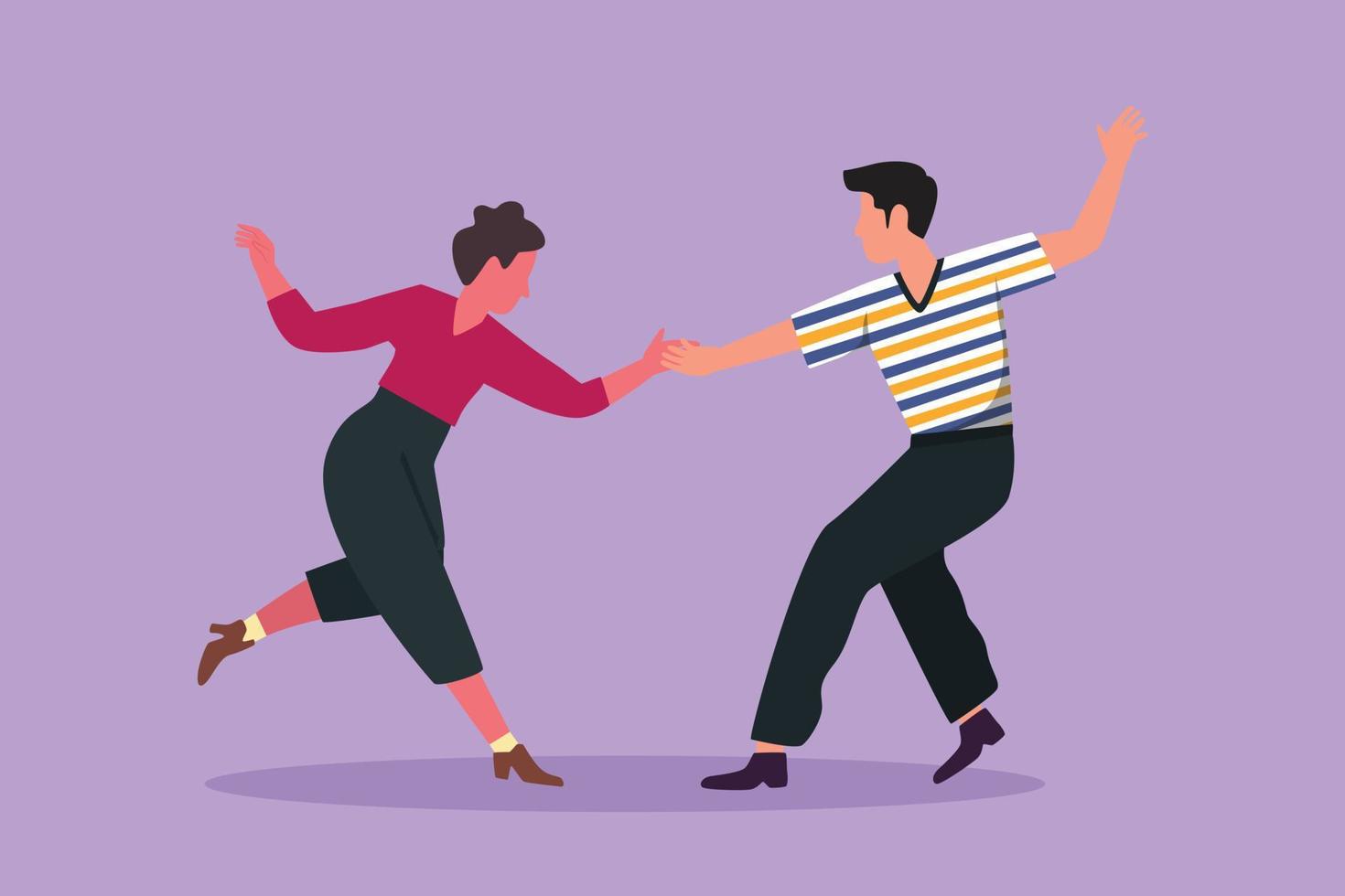 Character flat drawing happy couple man and woman performing dance at school festival, studio, party. Attractive male and female characters dancing tango together. Cartoon design vector illustration