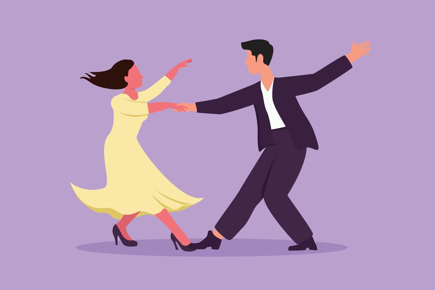 Graphic flat design drawing attractive people dancing salsa. Young man and woman in dance. Pair dancer with waltz tango and salsa style move. Couple dancing together. Cartoon style vector illustration