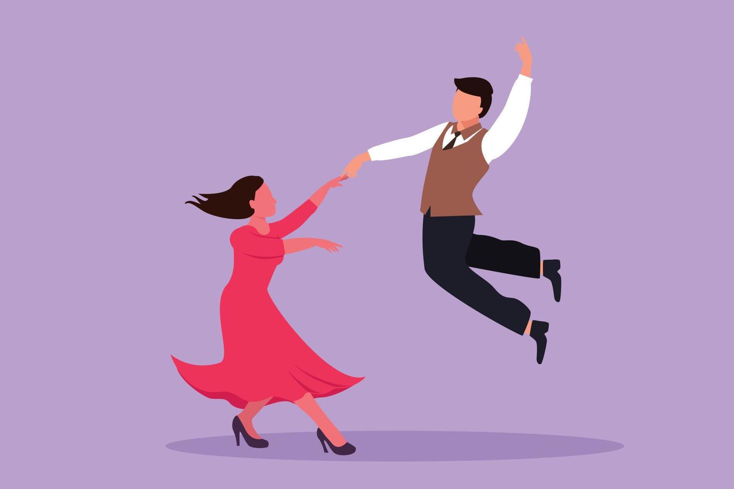 Cartoon flat style drawing attractive man and woman dancing Lindy hop ...