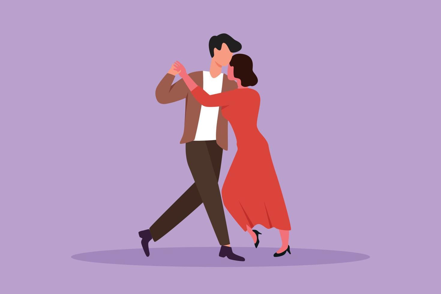 Cartoon flat style drawing young man and woman performing dance at school, studio, party. Male and female characters dancing tango at Milonga. Happy couple dancing. Graphic design vector illustration