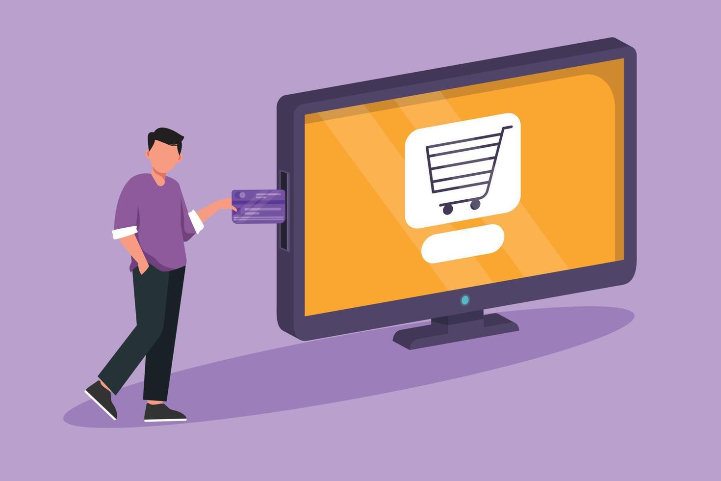 Graphic flat design drawing young man inserting credit card into large monitor screen with shopping cart inside. E-commerce, digital payment and online store concept. Cartoon style vector illustration