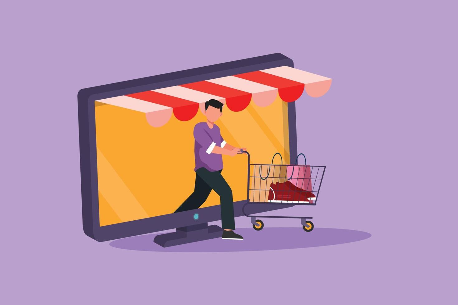 Graphic flat design drawing young man coming out of monitor screen pushing shopping cart. Sale, digital lifestyle, consumerism concept. Online store app technology. Cartoon style vector illustration