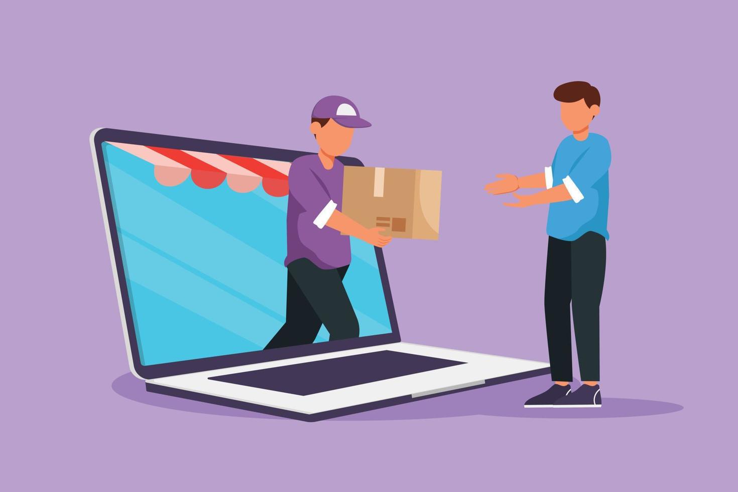 Cartoon flat style drawing attractive male courier comes out of canopy monitor screen and give package box to male customer. Fast respond in online delivery concept. Graphic design vector illustration