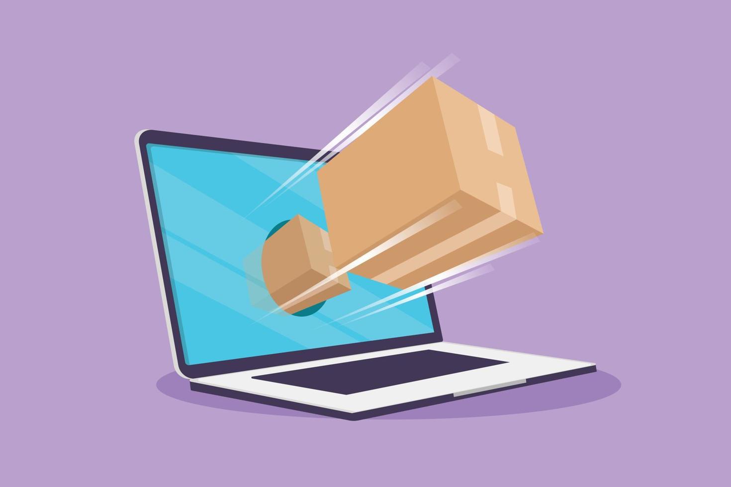 Cartoon flat style drawing package box out of large laptop screen