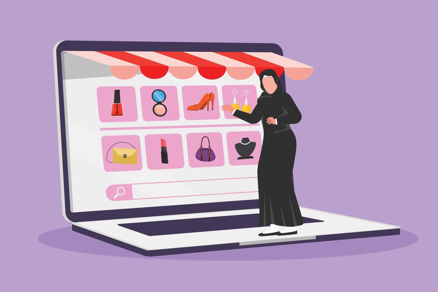 dibujo de diseño plano gráfico mujer árabe eligiendo artículos de compras en una pantalla gigante de computadora portátil. estilo de vida digital con concepto de internet y gadget. tecnología de tienda en línea. ilustración vectorial de estilo de dibujos animados vector