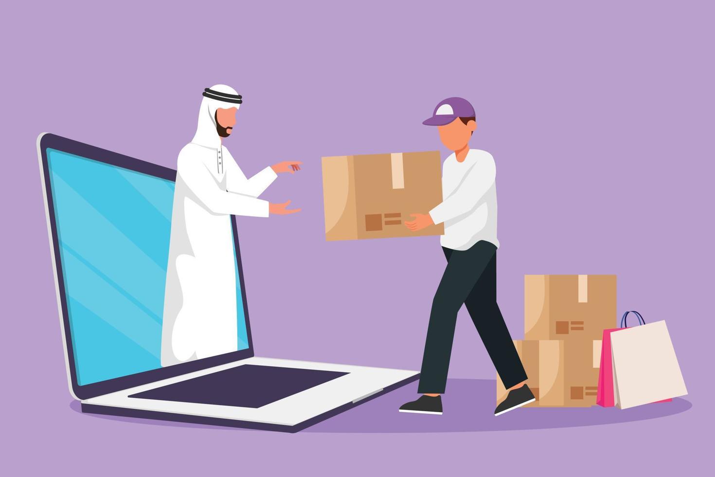Character flat drawing Arab male customer receives boxed package, through laptop computer screen from male courier. Online delivery service. Online store technology. Cartoon design vector illustration