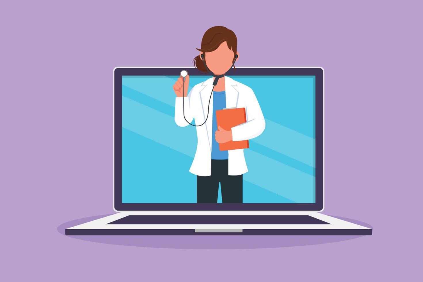 Graphic flat design drawing female doctor comes out of laptop computer screen holding stethoscope. Online medical services. Digital healthcare consultation concept. Cartoon style vector illustration
