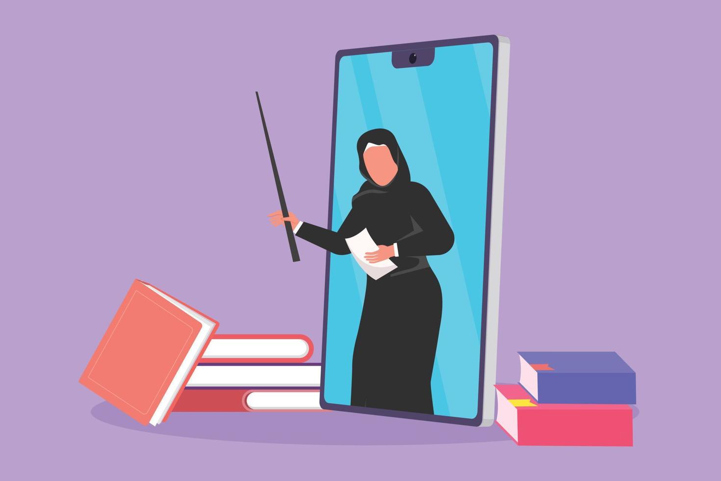 Cartoon flat style drawing Arabian female teacher teaching, half of her body is out of smartphone screen with pile of book. internet class. Online learning metaphor. Graphic design vector illustration