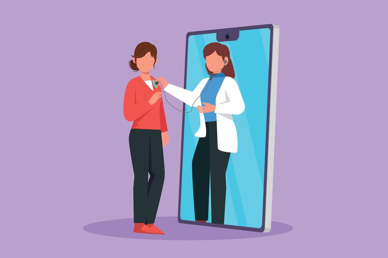 Cartoon flat style drawing female doctor comes out of smartphone screen and checks female patient heart rate using stethoscope. Online doctor or medical healthcare. Graphic design vector illustration
