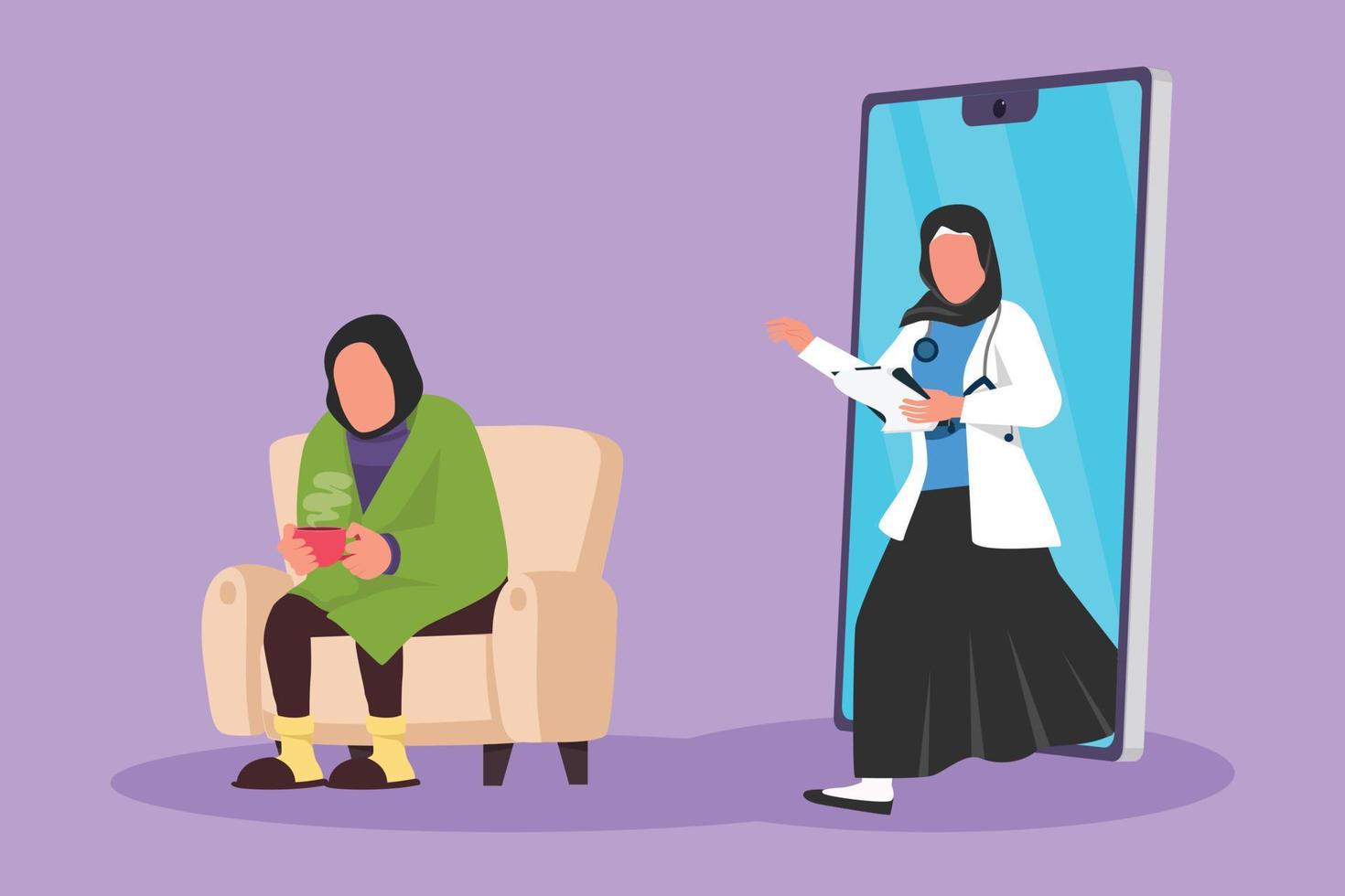 Character flat drawing Arab female patient having fever sitting on sofa, using blanket, hold mug and there is female doctor walking out of smartphone with clipboard. Cartoon design vector illustration