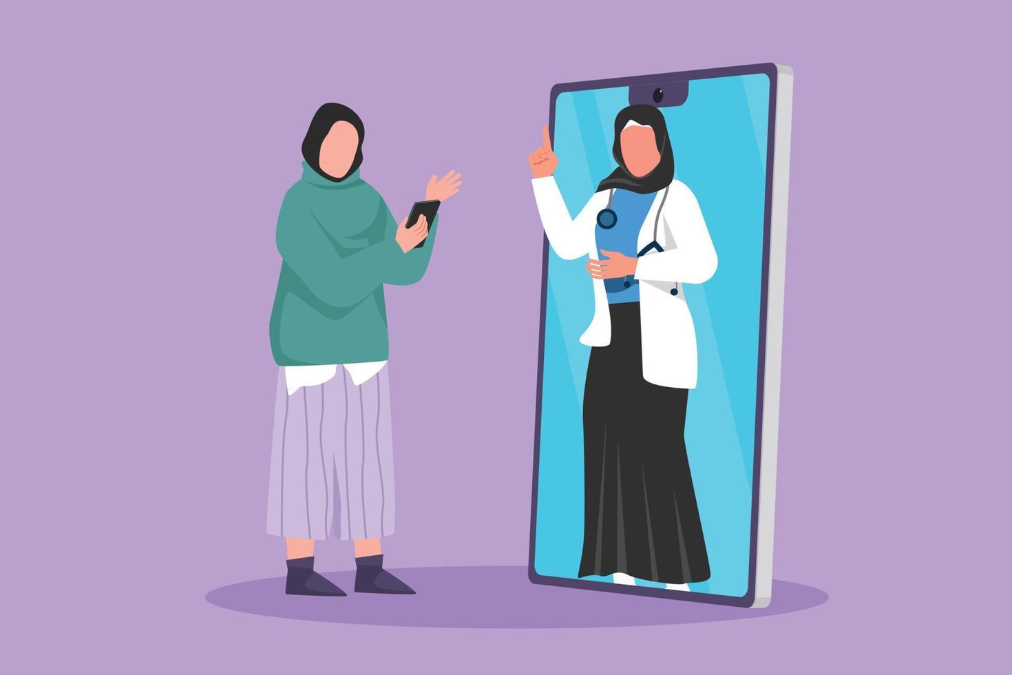 Character flat drawing Arabian female patient holding smartphone standing facing giant smartphone and consulting female doctor. Doctor online or digital healthcare. Cartoon design vector illustration