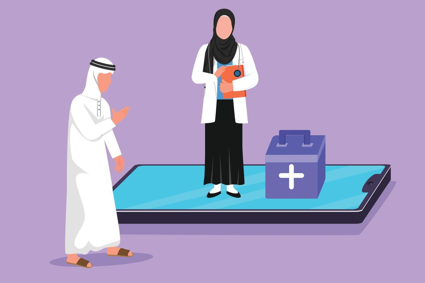 Character flat drawing Arabian female doctor standing on smartphone screen and talking with male patient. Digital Online medical healthcare service and consultation. Cartoon design vector illustration