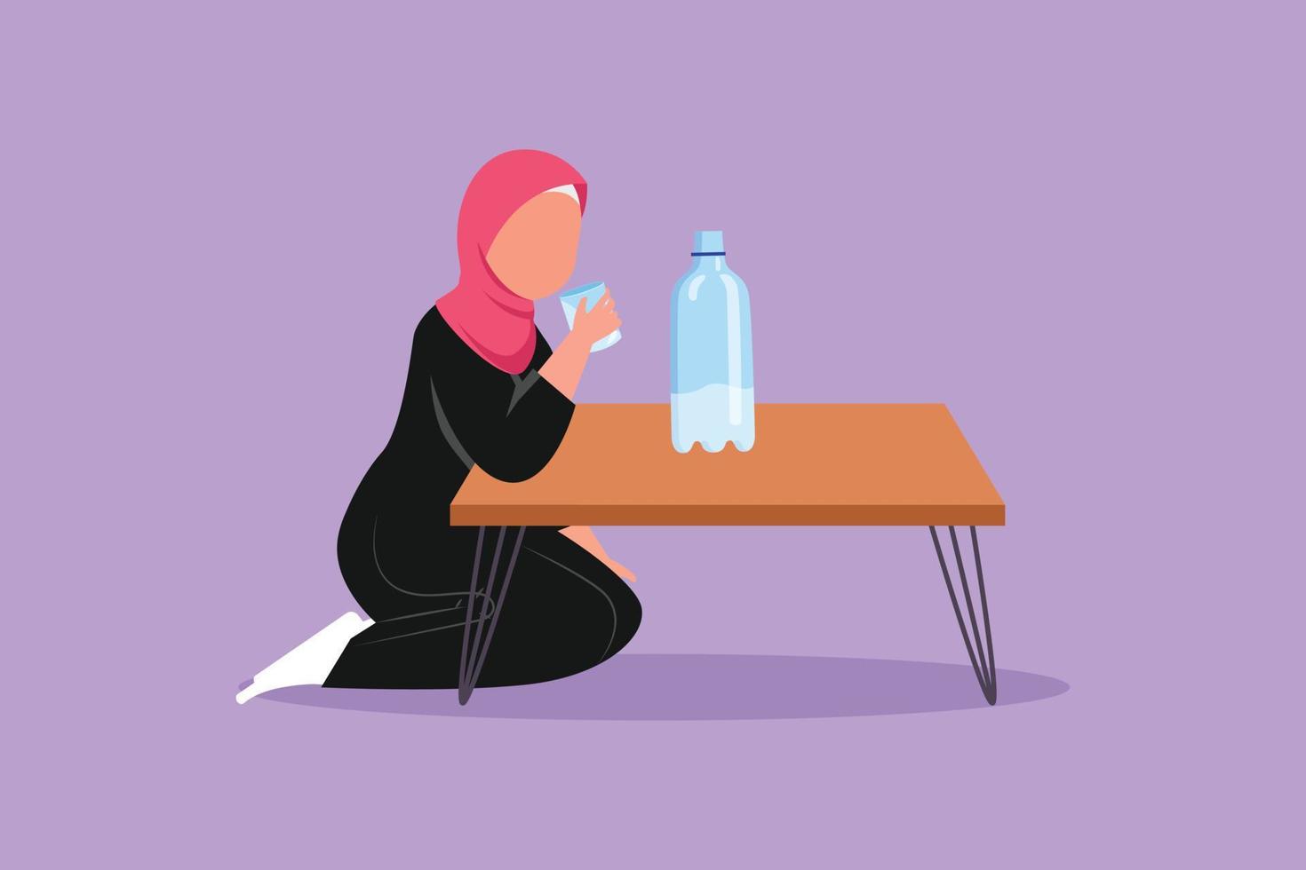 dibujo de diseño plano gráfico niña árabe sentada y bebiendo un vaso de leche. botella de leche en la mesa, niño sosteniendo un vaso de bebida saludable. comida, dieta, salud. ilustración vectorial de estilo de dibujos animados vector