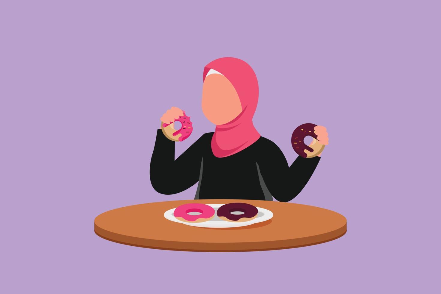 Character flat draw pretty Arab little girl eating sweet donut with glaze sugar cream. Hungry child enjoy yummy dessert. Preschooler kid having doughnut cake meal. Cartoon design vector illustration