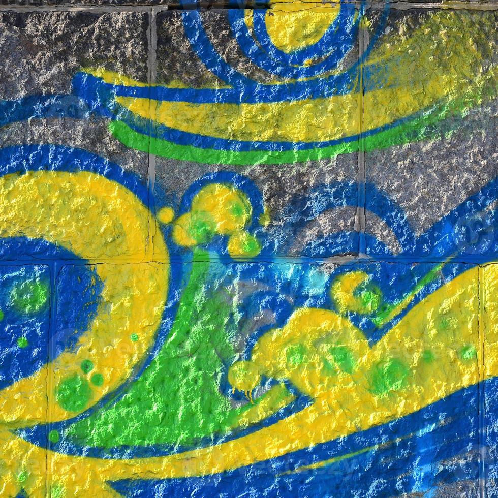 Fragment of graffiti drawings. The old wall decorated with paint stains in the style of street art culture. Colored background texture in green tones photo