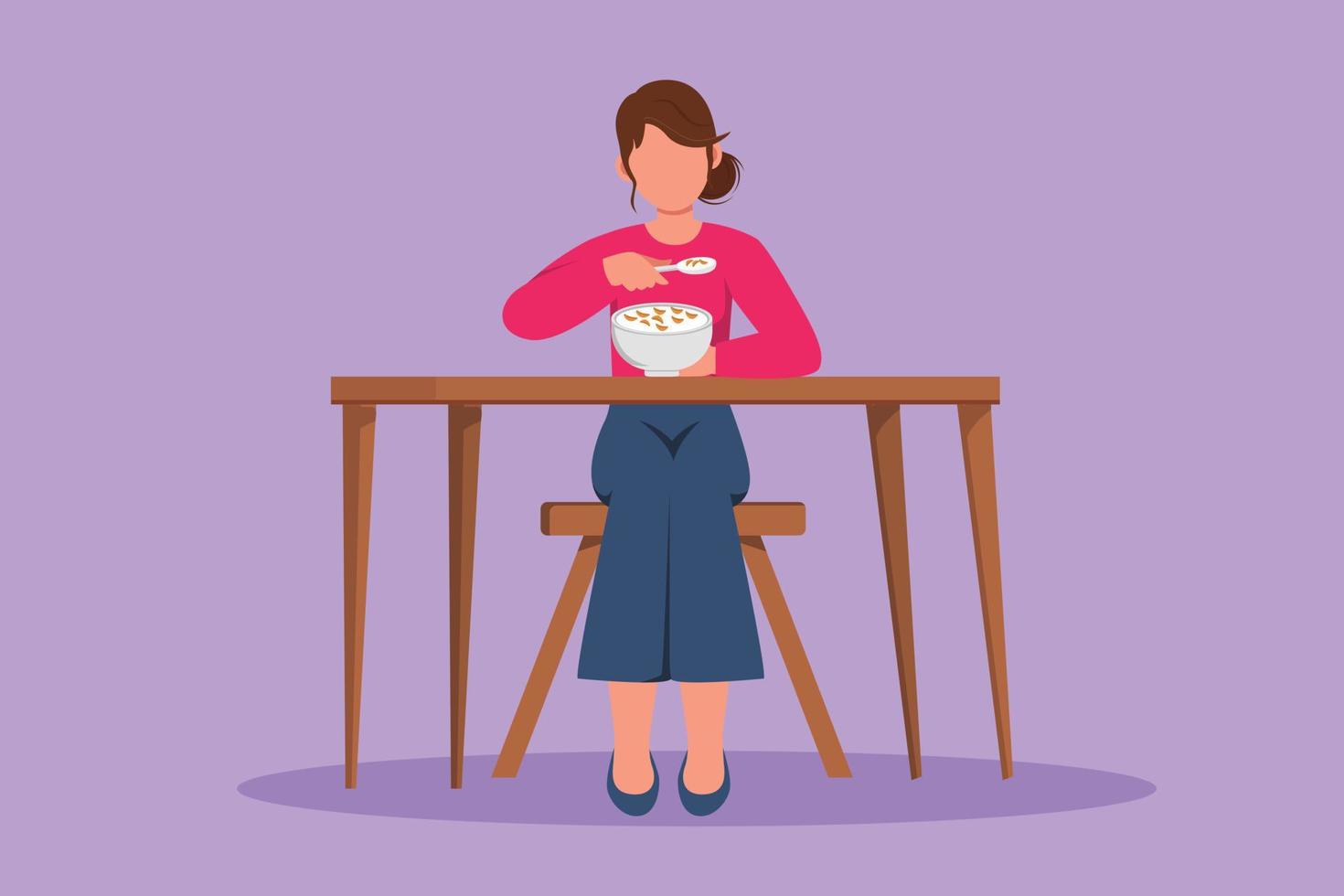 Graphic flat design drawing happy woman having breakfast with cereal and milk. Beauty female sitting at table and eating with delicious dish. Healthy nutrition food. Cartoon style vector illustration