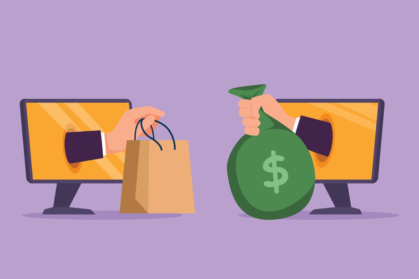 Cartoon flat style drawing two hands out of monitor screen to exchange shopping bag with money bag. Sale, digital payment technology. Online store trading concept. Graphic design vector illustration