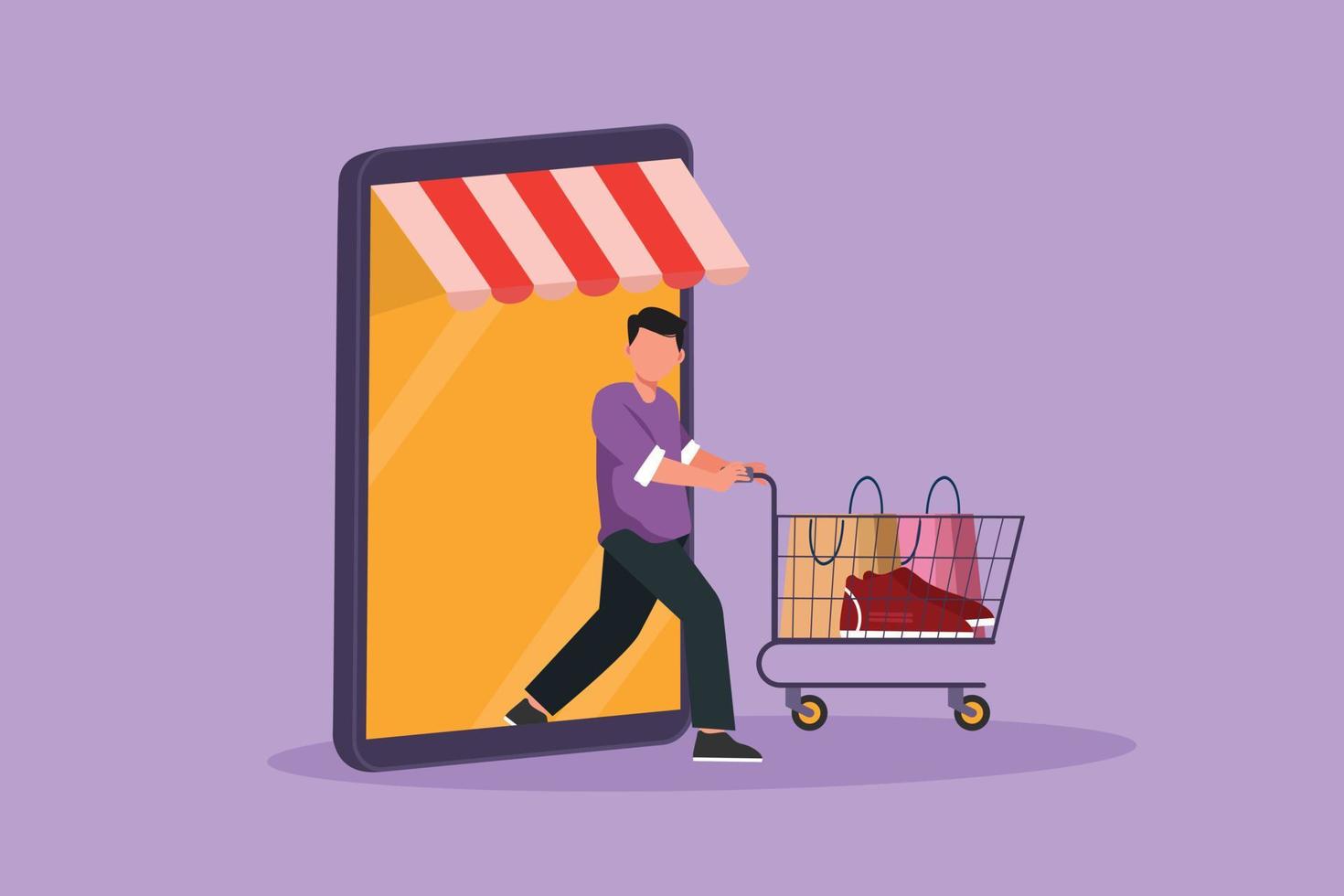 Cartoon flat style drawing attractive man coming out of canopy smartphone screen pushing shopping cart. Sale, digital lifestyle, consumerism. Online store concept. Graphic design vector illustration