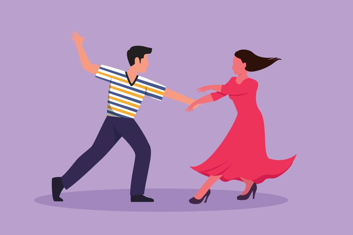 Cartoon flat style drawing romantic man and woman professional dancer couple dancing tango, waltz dance on stage contest dancefloor. Happy life with dance together. Graphic design vector illustration