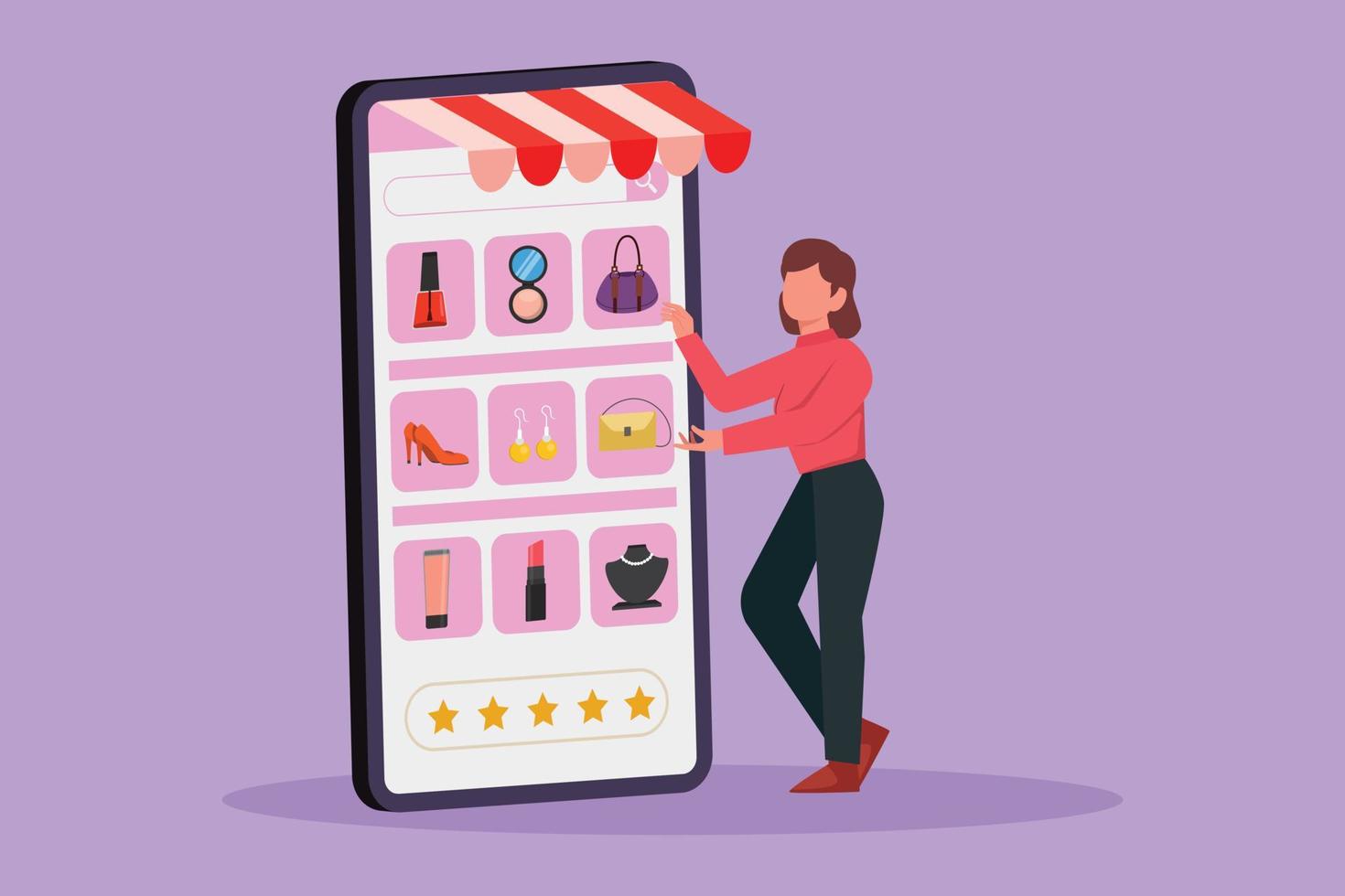 Cartoon flat style drawing young woman choosing shopping items on big smartphone screen. Digital lifestyle with internet and gadget concept. Online store technology. Graphic design vector illustration