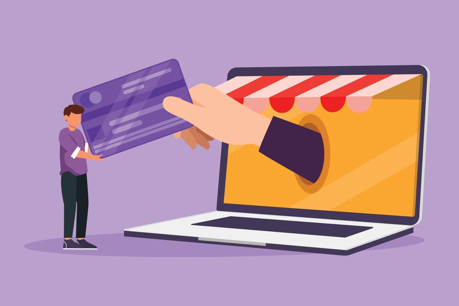 Graphic flat design drawing young man inserting credit card into large canopy laptop screen and accepted by hand. Digital payment technology and online store concept. Cartoon style vector illustration