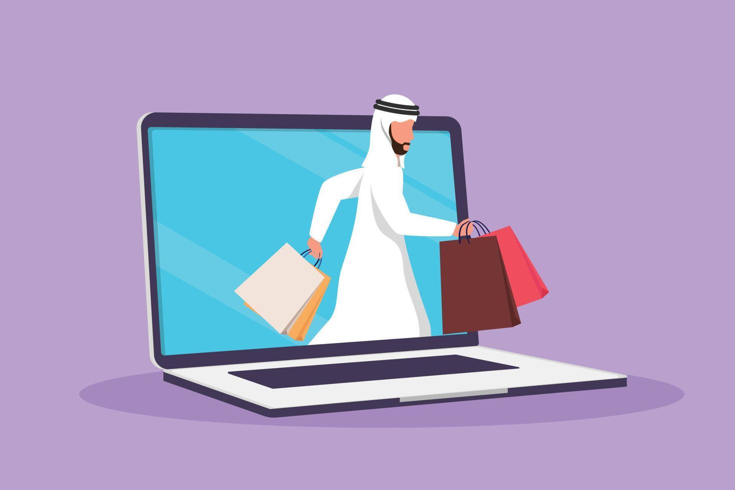 Graphic flat design drawing Arab man coming out of laptop computer screen with holding shopping bags. Sale, digital lifestyle, consumerism. Online store technology. Cartoon style vector illustration